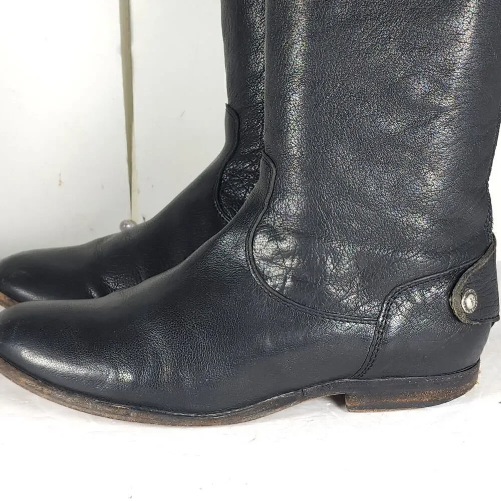 FRYE Women's Melissa Back Zip US 7,5B Black Leather Button Tall Riding Boots
